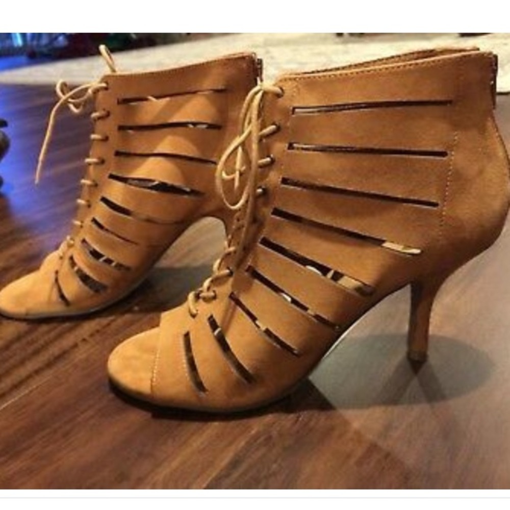 Dark tan caged lace up heels NWT.